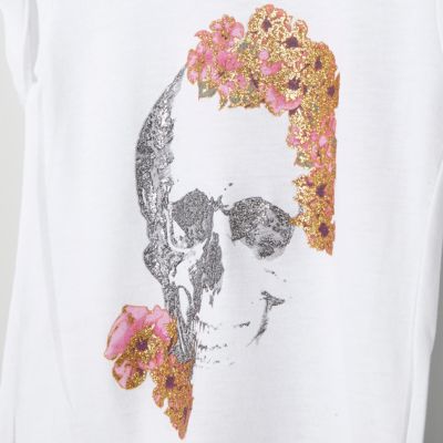 Mini girls white floral skull print T-shirt